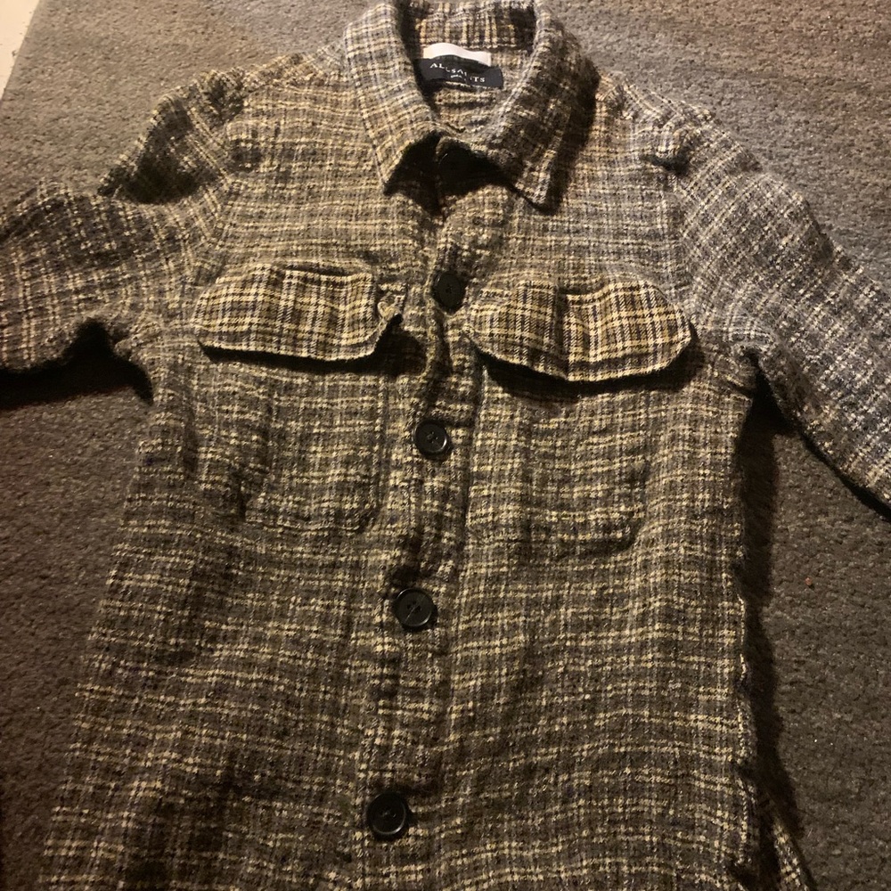 All Saints Olive Plaid Button-Up Shirt Jacket - Picture 1 of 5